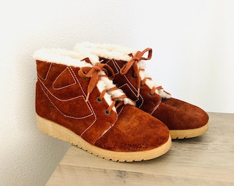 Sherpa Lined Leather Winter Boots / Vintage Suede Warm and Cozy "Woodbridge" Lace-Up Shoes Size 7.5 USA