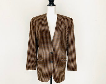 1990’s Houndstooth Blazer Jacket / Vintage Retro “Jones Wear” Princess Di Style Tan and Black Wool Suit Jacket Womans Small