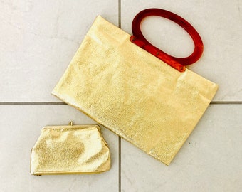 Shimmer Gold Folding Purse / Vintage 1960’s Retro Golden Metallic Bag Purse