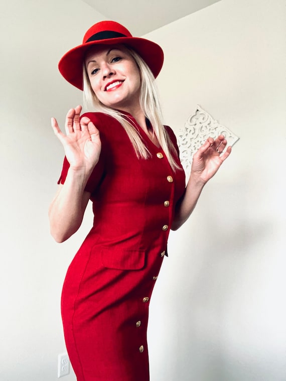 1980’s Red Classic Dress / Vintage Midi Lipstick … - image 3