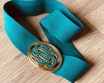 Vintage groenblauw groene rekbare riem / jaren 80 funky retro dikke gouden gesp riem maat 30-32" inch