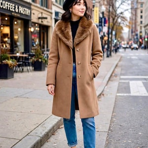 May include: A tan wool-blend coat featuring a brown faux fur collar, a button-front closure, and two side pockets. The coat is worn over a black mock-neck top and blue denim jeans, paired with white sneakers and a black beret.
