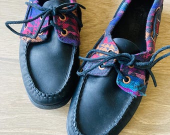 Sebago Docksides Boat Shoes / Vintage 1980’s Retro Black Leather Oxfordd Lace-Up Deck Shoes Womans Size 8.5 USA
