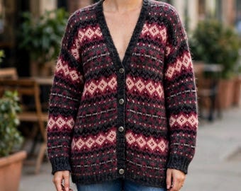 Mohair Cardigan Sweater / Vintage Pink and Grey Warm Fuzzy Sweater Size Medium
