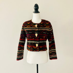 1980’s Cropped Wool Jacket / Vintage Abstract Print Retro Golden Leaf Button Top 80s 90s Funky Blazer Jacket Womans Size S