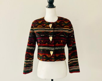 Bijgesneden wollen jas jaren 80 / vintage abstracte print retro bladgoud knop top jaren 80 jaren 90 funky blazerjas dames maat S