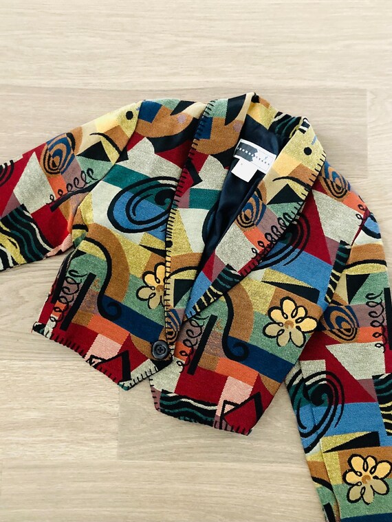 Patchwork Cotton Cropped Blazer Coat / Vintage 19… - image 6