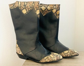 1980’s Reptile Skin Leather Boots / Vintage “Marc Alpert” Python Mid-Calf Boots Size 8 USA