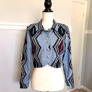 Vintage Blue Aztec Print Crop Jacket / 1980’s Tribal Retro Jacket Womans Size S-M