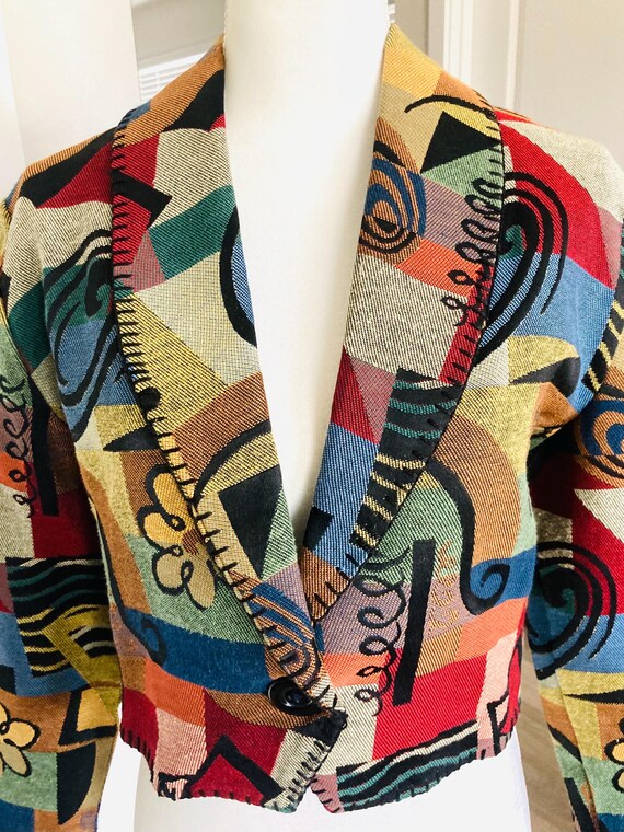 Patchwork Cotton Cropped Blazer Coat / Vintage 19… - image 8