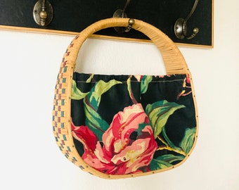 Lily Floral Handbag Purse / Black and Pink Retro Wicker Straw Fabric Bag