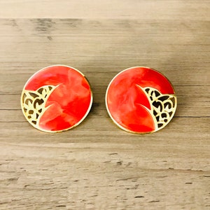 Vintage “Berebi” Earrings / Artistic Red-Orange and Golden 1980’s Earrings Set Wearable Art Retro Large Hoop Round Circle Jewelry