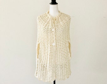 Crocheted Shawl Sweater / Vintage 1960’s Hippie Bohemian Off-White Retro Arm Slit Beautiful Shoulder Wrap