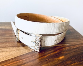 Brighton White Leather Belt / Vintage 1990’s Black Silver Buckle Embossed Size 32-34 Waist