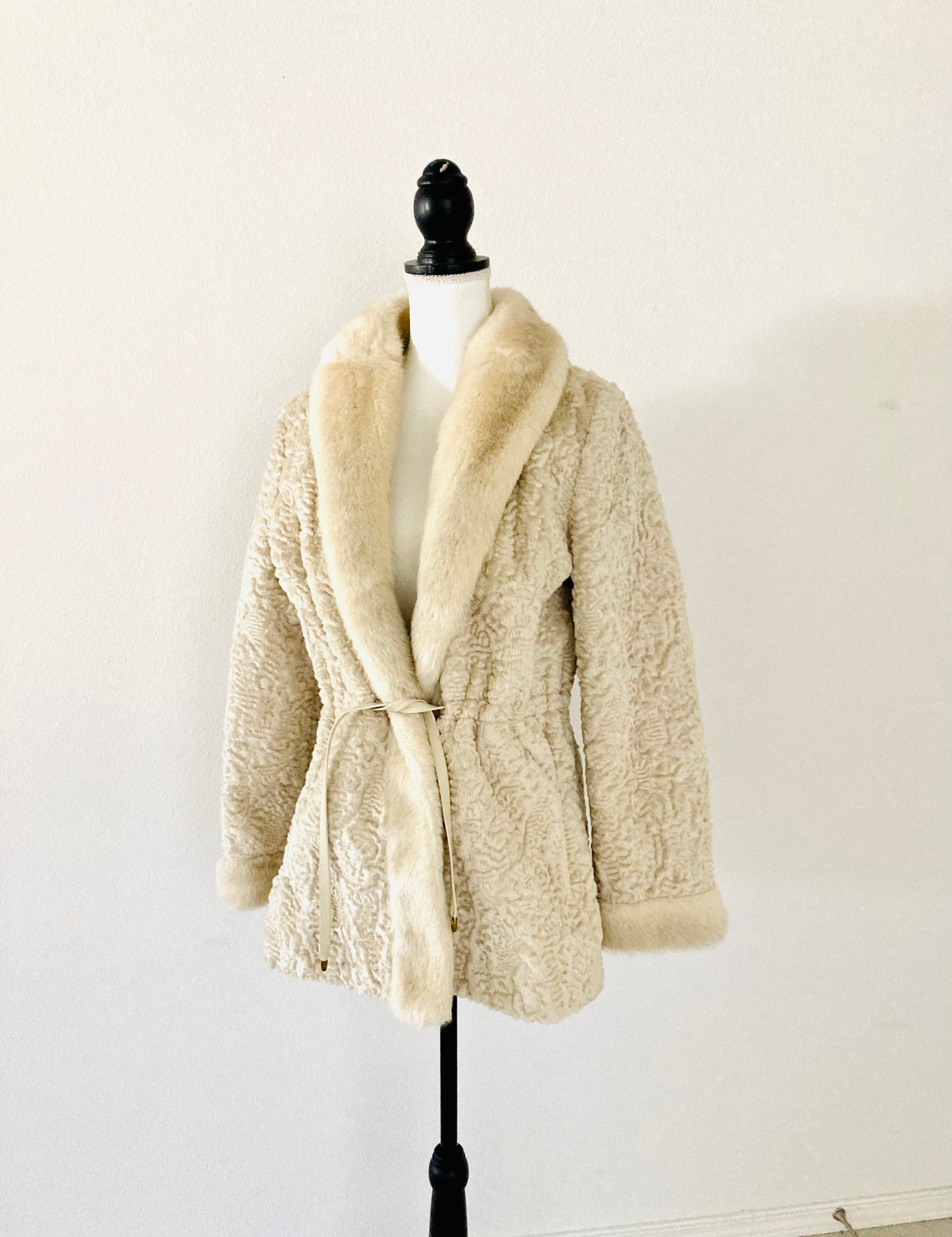 Vintage, 1980's, Fur Coat, Rabbit Fur, J.S.L. Ii, Creamy White, Jutted  Shoulders, Waist Length 