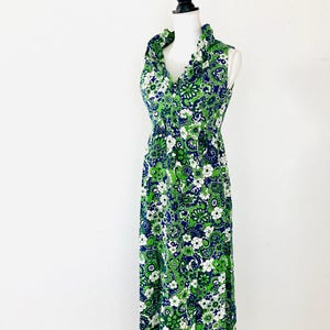 Retro Mod Floral 1960’s Dress / Vintage 60-70s Blue Long Maxi Dress Size S &quot;Fabulous Flower Power&quot; Bohemian Hippie