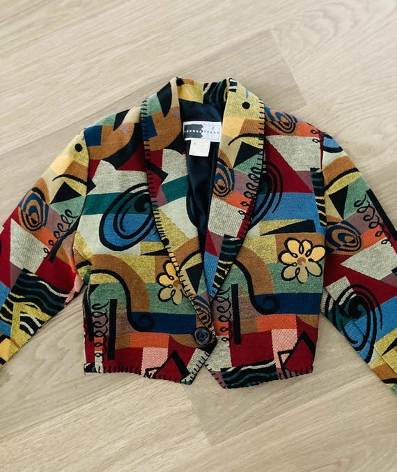 Patchwork Cotton Cropped Blazer Coat / Vintage 19… - image 10