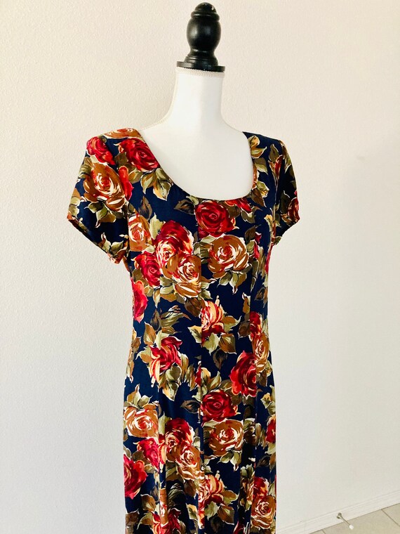 1990’s Rayon Floral Dress / Vintage Blue Flowered… - image 4