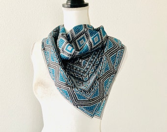 Blue Silky Soft Polyester Scarf / Vintage Abstract Print Retro Large Square Scarf "Glentex"