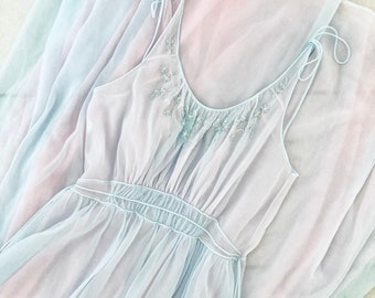 Vintage 1950’s Negligee Nightgown / Pink and Blue Sheer Lingerie Nightie