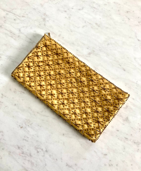 Yellow Gold Beaded Handbag Clutch / Vintage La Re… - image 1