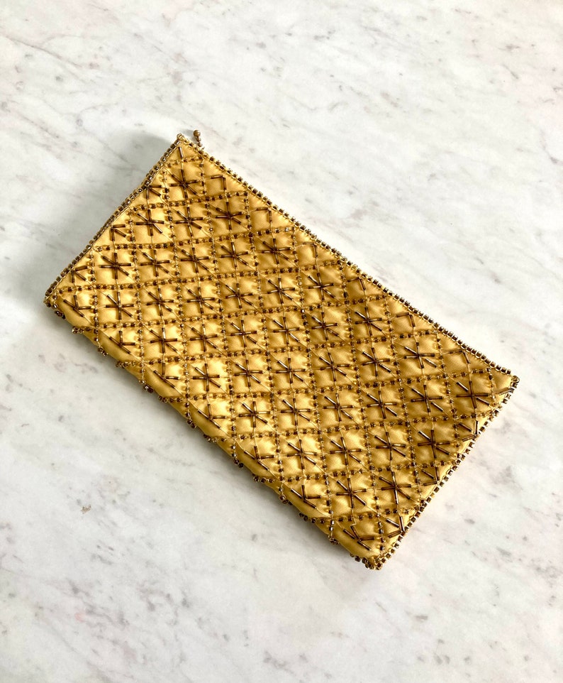 Yellow Gold Beaded Handbag Clutch / Vintage La Regale Made in Japan Uniquely Bead Styled Evening Bag Purse image 1