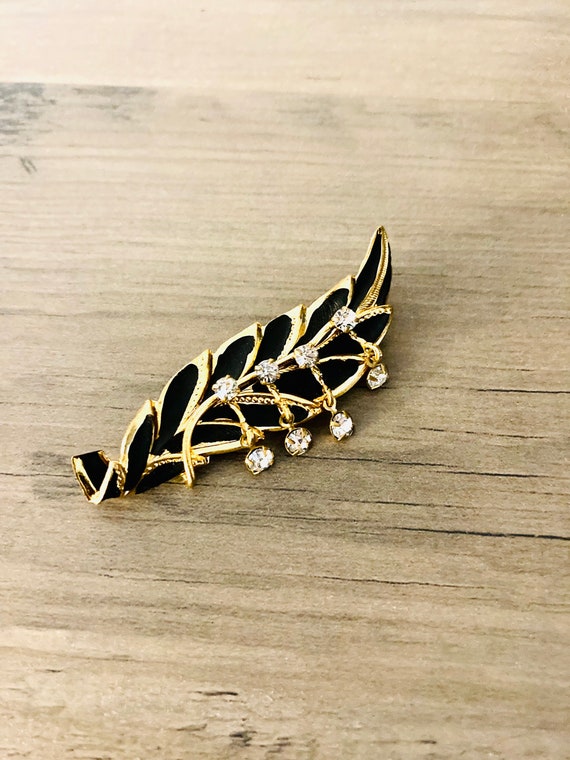 Vintage Leaf Brooch Pin / Fancy Rhinestone Black … - image 1