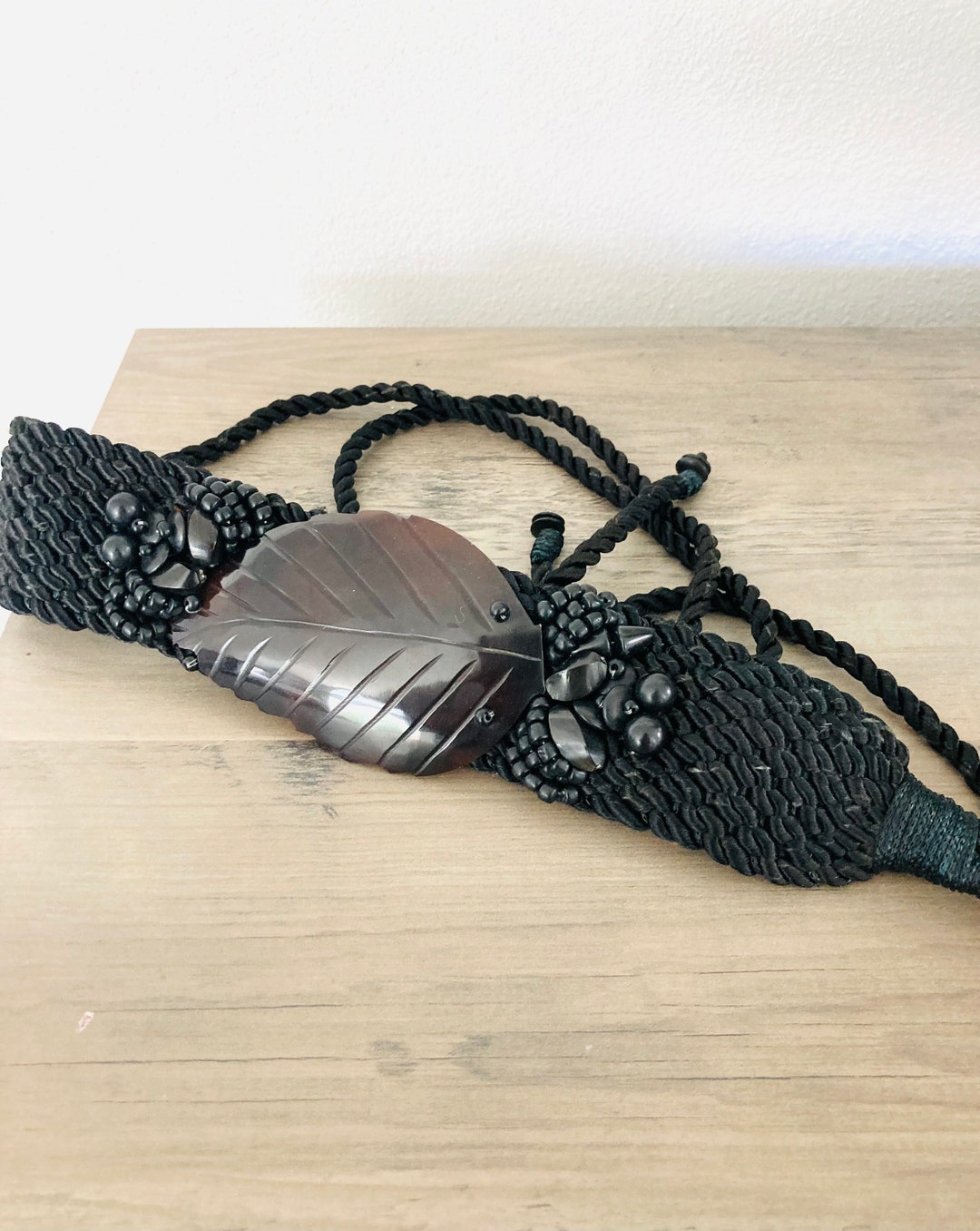 Unique Vintage Black Fringe Belt / Leaf Beaded Retro Wrap 