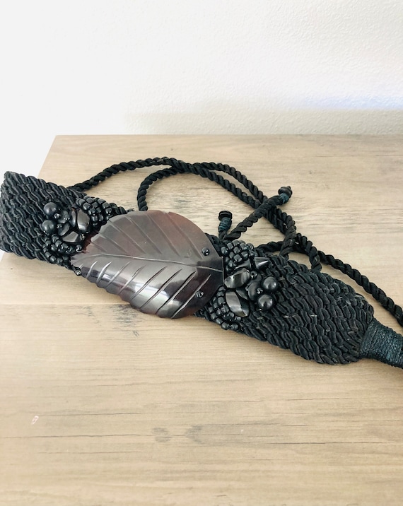 Unique Vintage Black Fringe Belt / Leaf Beaded Retro Wrap  display picture 1