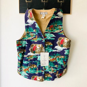 Vintage Cotton Camping Vest / 1980s Hunting Novelty Print Retro Gender-Neutral Deadstock NWT Rustic Made in Nepal image 4