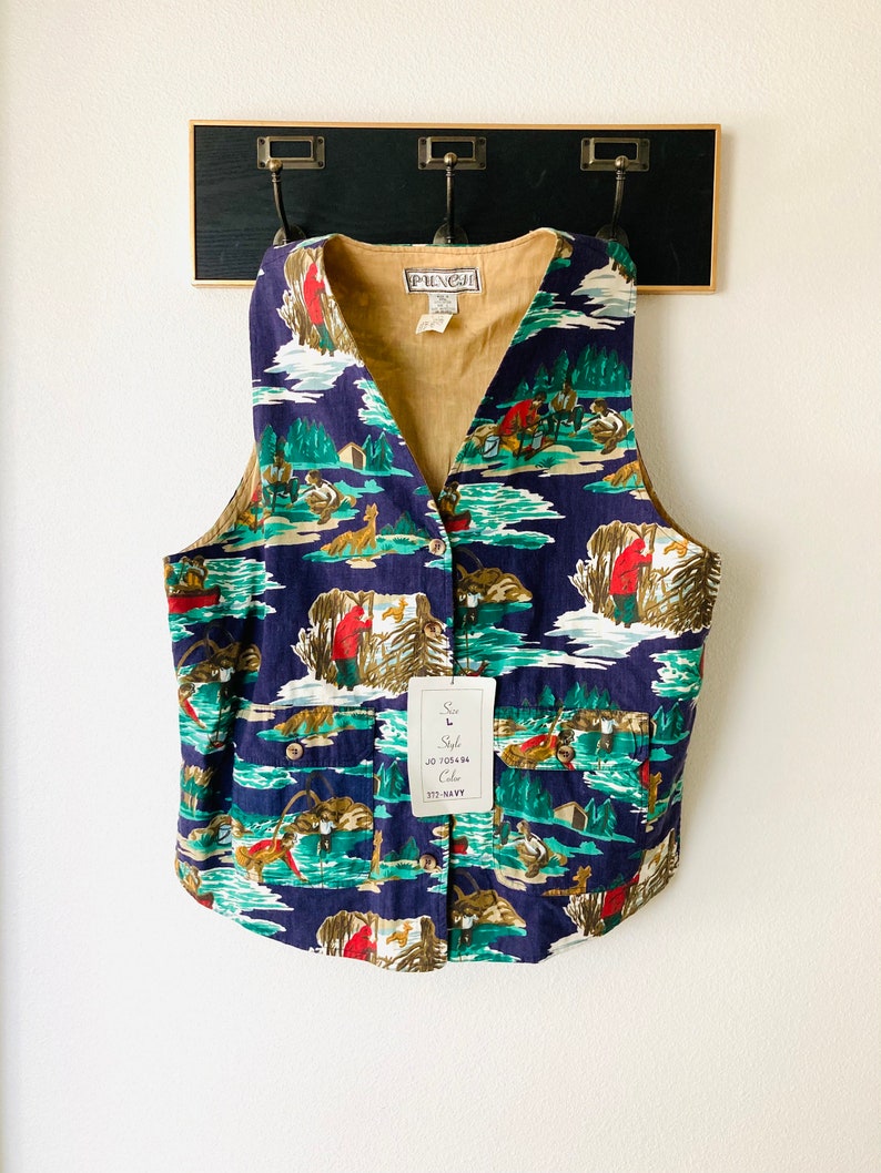 Vintage Cotton Camping Vest / 1980s Hunting Novelty Print Retro Gender-Neutral Deadstock NWT Rustic Made in Nepal image 4