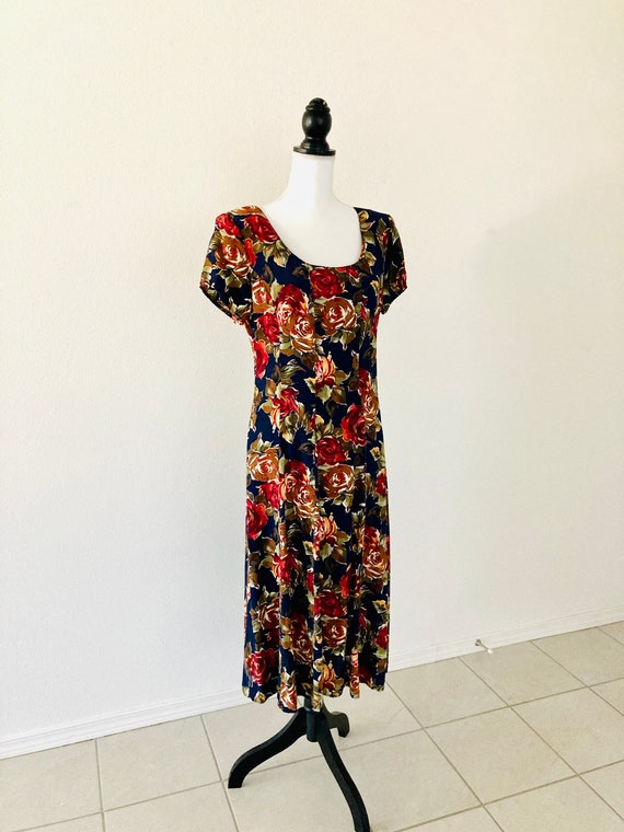 1990’s Rayon Floral Dress / Vintage Blue Flowered… - image 2