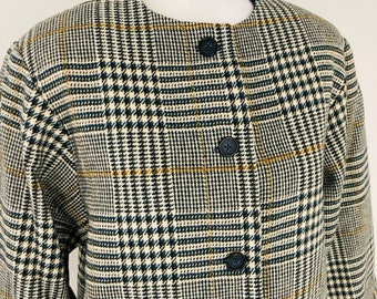 Vintage Houndstooth Wool Coat / 1960’s Retro Woolen Blazer Jacket Womans Size L
