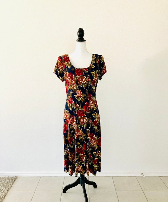 1990’s Rayon Floral Dress / Vintage Blue Flowered… - image 5