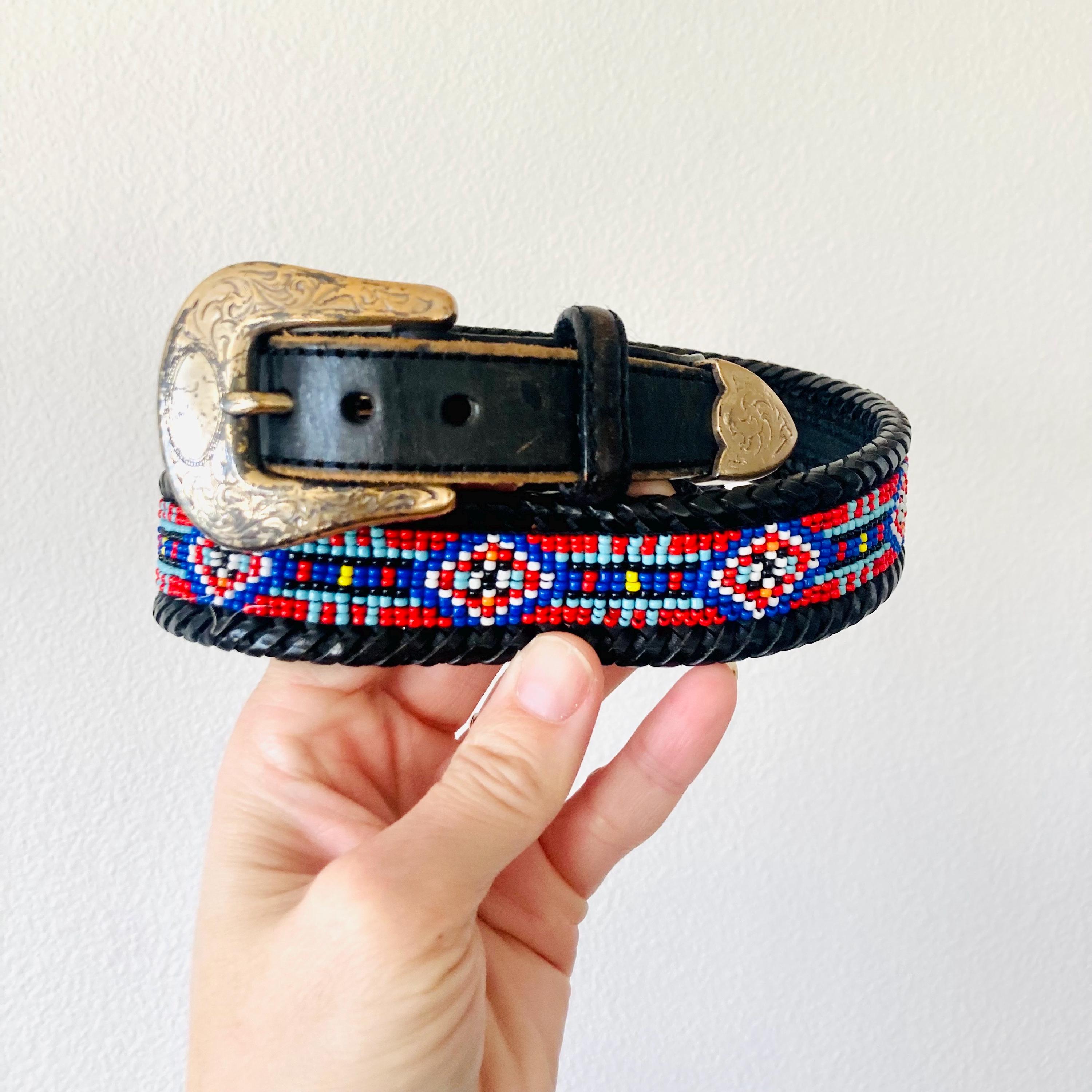 Vintage Black and Blue Beaded Leather Belt Small vintage BEADED buckle belt NATIVE AMERICAN indian print 30  main image 4