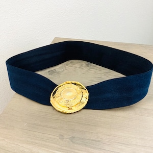 Vintage Blue Stretchy Belt 1980's Retro Thick Gold Buckle Belt