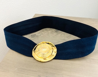 Vintage Blue Stretchy Belt / 1980’s Retro Thick Gold Buckle Belt Size 27-30" inches