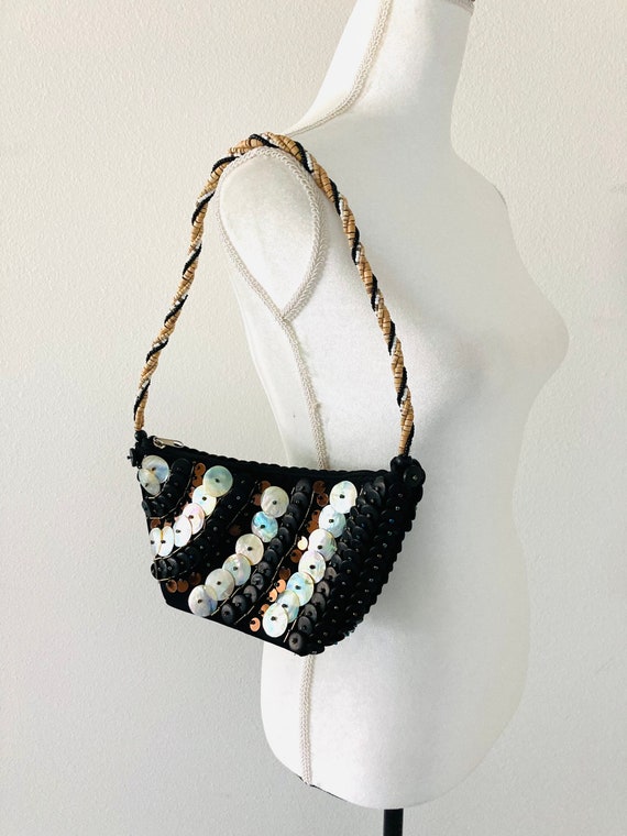 Vintage Black Beaded Purse / 1990’s Ocean Shell Se