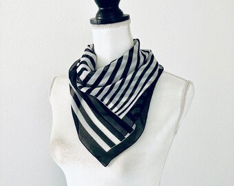 Vintage Black and White Scarf / Sheer Square Silky Retro Diner Scarf Hair Accessory