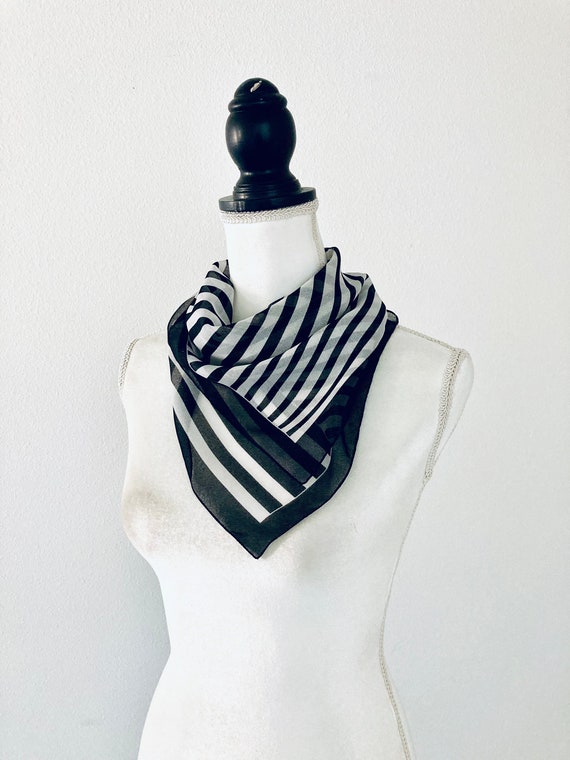 Vintage Black and White Scarf / Sheer Square Silky Re… Gem