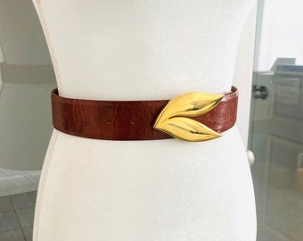 Vintage Golden Leaf Belt Buckle / 1980’s Thick Brown Trendy Belt Size 26-28” inches