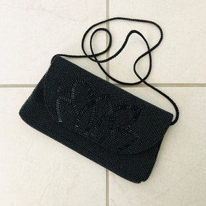 Formal Black Beaded Clutch Handbag / Vintage 1980’s Fancy Crossbody Shoulder Bag Purse "La Regale"