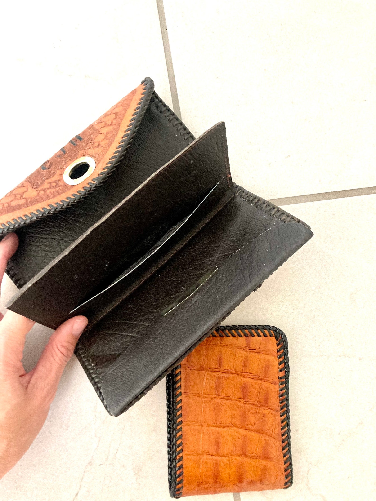 Vintage Brown Leather Wallets / 2pc Set Hand Tooled Leather CJH Initial ...