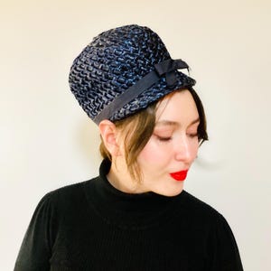 1960s Navy Blue Straw Pillbox Hat | Union Made Vintage Church Cocktail Hat Church Blue Straw Vintage Hats for Women for sale | eBay main image 3