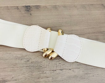 Vintage 1980’s Stretchy Belt / Off-White Retro Golden Buckle Belt Size 31-33 inches