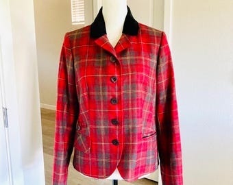 RARE Vintage "Pendleton" Red Plaid Wool Tartan Blazer / Urban Preppy Suit Jacket Blazer Womans Size M