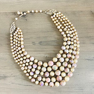 Vintage Romantic Beaded Necklace / Beautiful 1950-60’s Cream and Mauve Choker Jewelry Adjustable Style 5-Strand