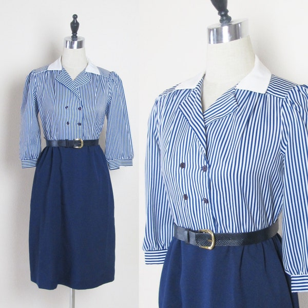 Vintage 1960's Secretary Dress / Navy Blue Pin Stripe Day Dress