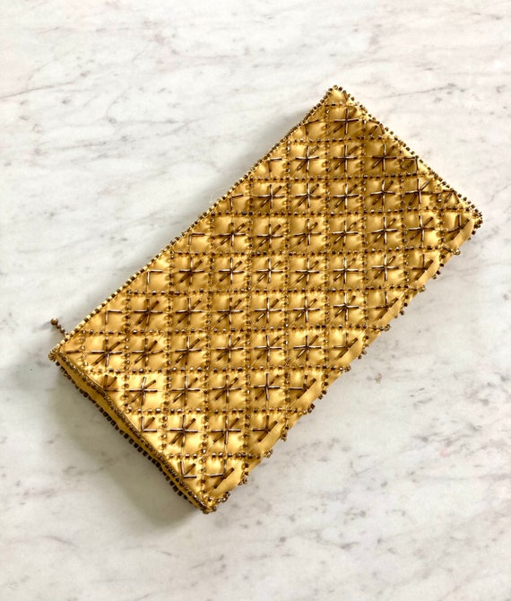 Yellow Gold Beaded Handbag Clutch / Vintage La Re… - image 3