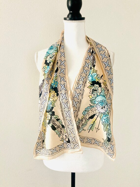 Beautiful Long Silk Scarf / Vintage Beige And Blu… - image 4